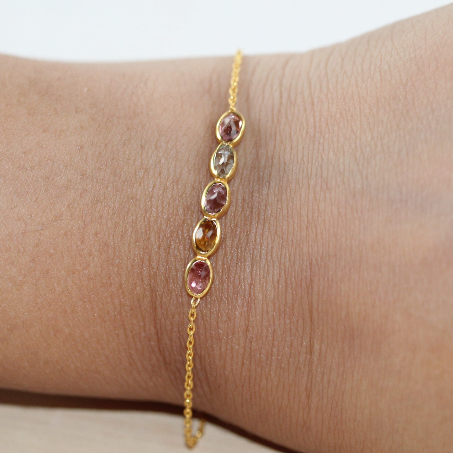 Dainty Multicolored Tourmaline Gemstone Golden Bracelet