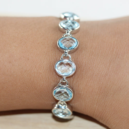 Oval Blue Topaz Gemstones Sterling Silver Bracelet