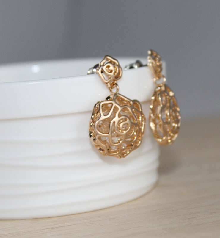 Golden Hollow Rose Earrings - Little Elephant