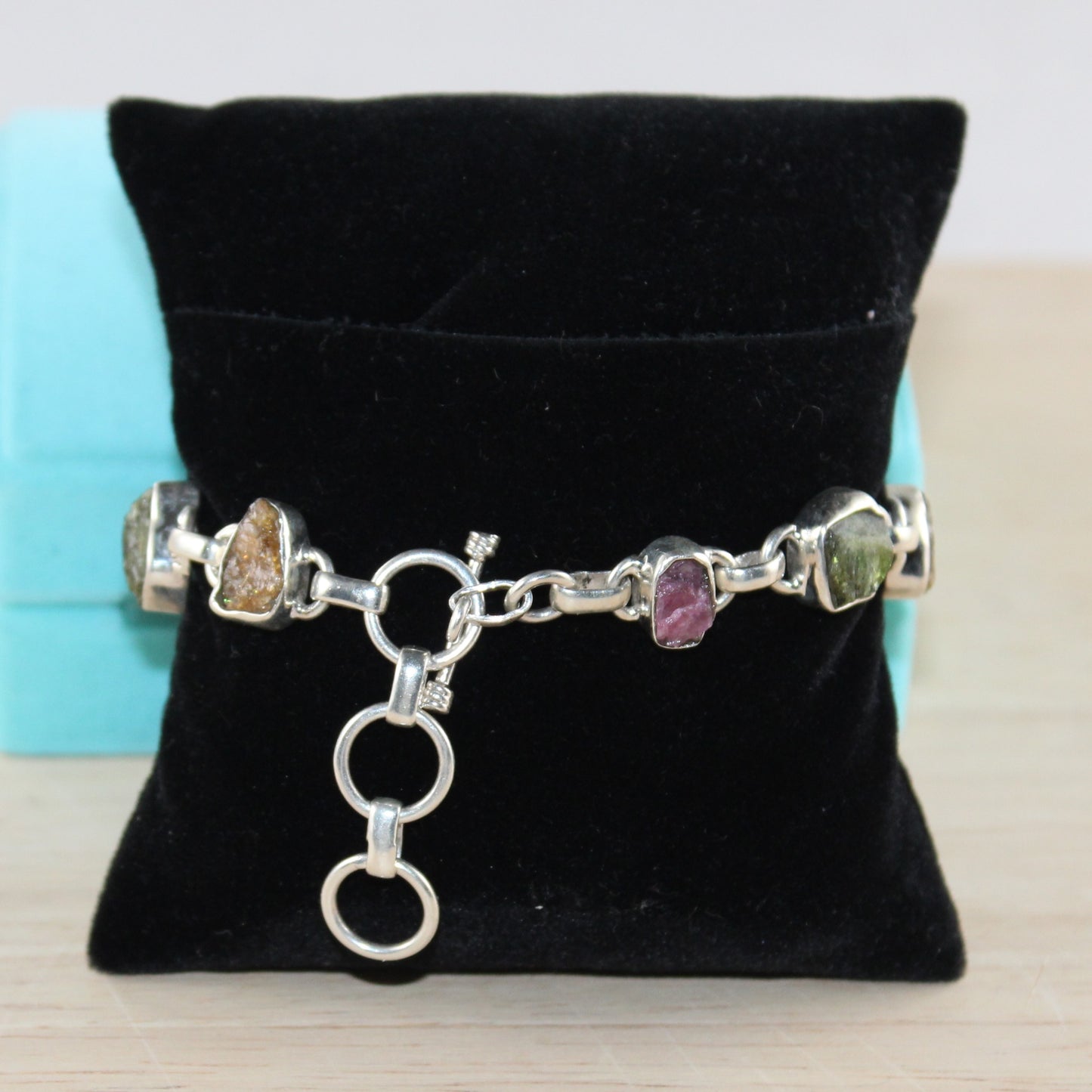 Multicolor Raw Tourmaline Gemstones Bracelet in Sterling Silver