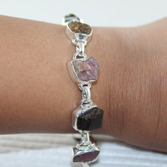 Multicolor Raw Tourmaline Gemstones Bracelet in Sterling Silver