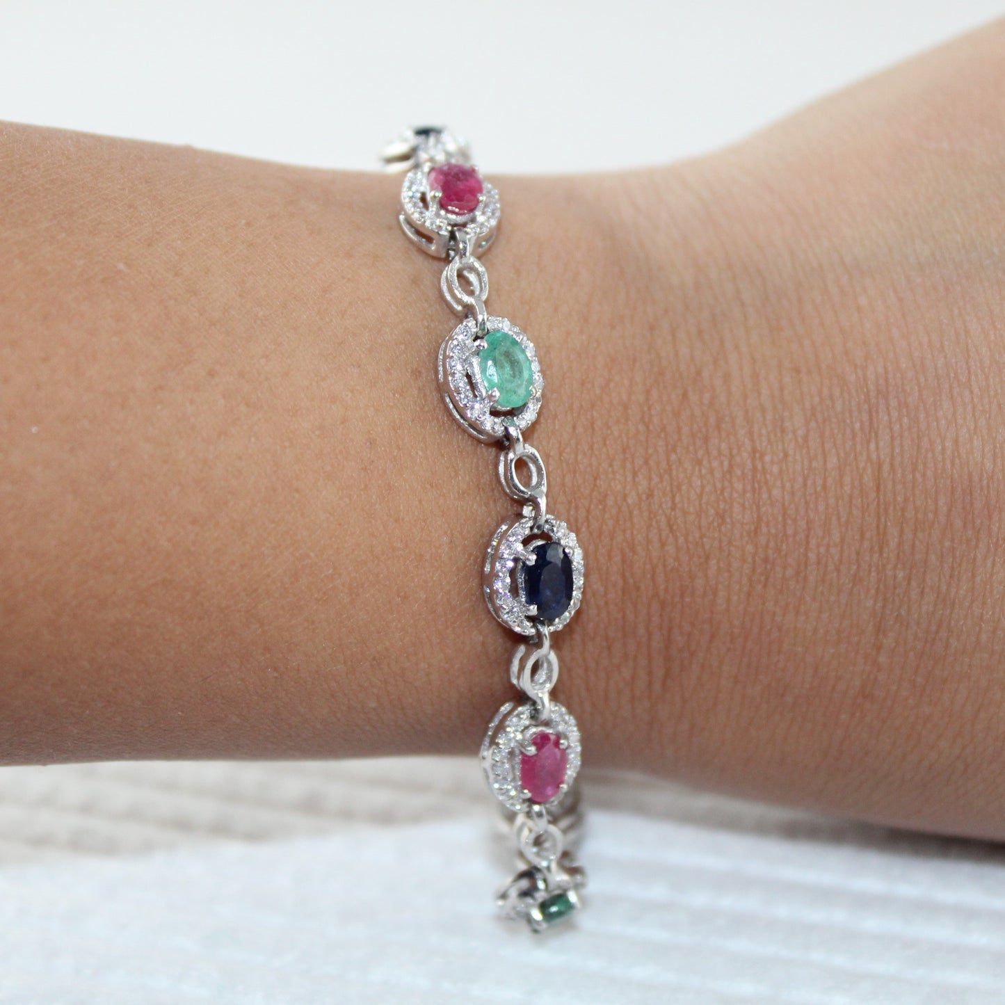 CZ encrusted Ruby, Emerald & Sapphire Gemstone Bracelet