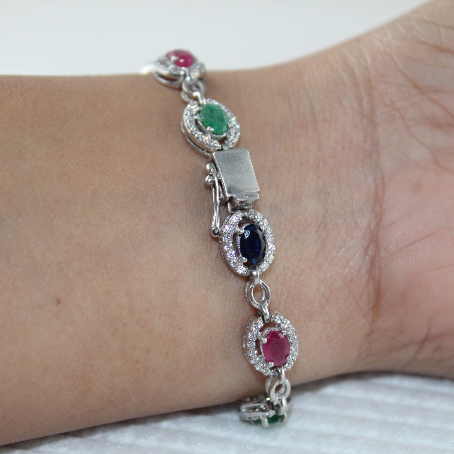 CZ encrusted Ruby, Emerald & Sapphire Gemstone Bracelet