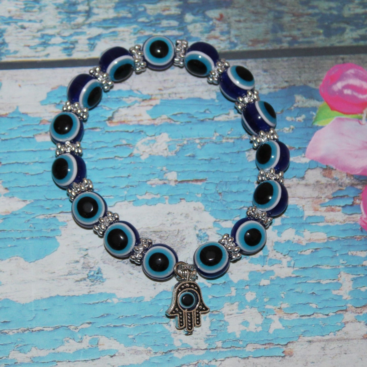 Blue Evil Eye Beaded Bracelet with Hamsa Charm