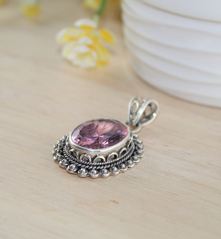 Bright Pink Victorian CZ Oval Pendant - Little Elephant