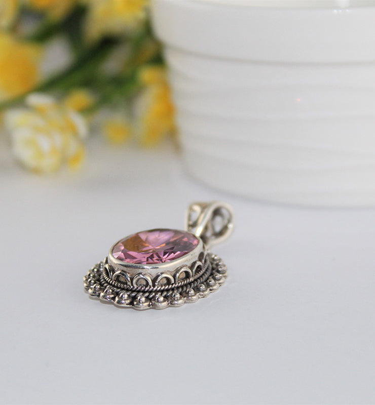 Bright Pink Victorian CZ Oval Pendant - Little Elephant