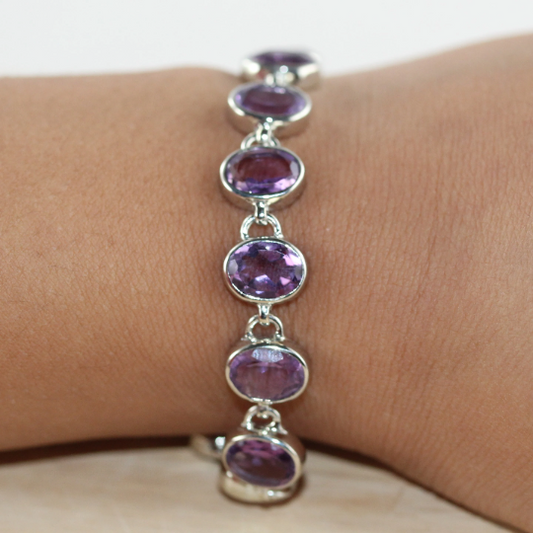 Handcrafted Amethyst Gemstone Bracelet in Sterling Silver