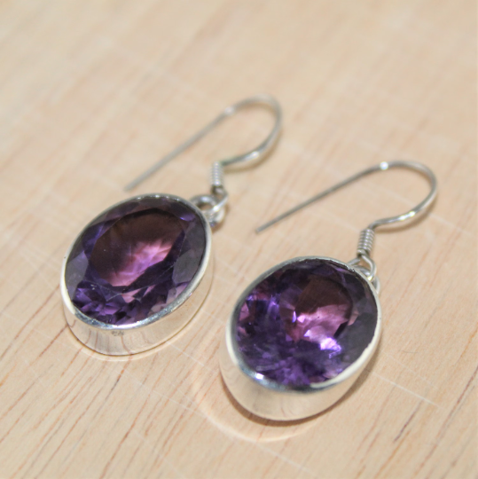 Natural Gemstone Amethyst Earrings in Sterling Silver