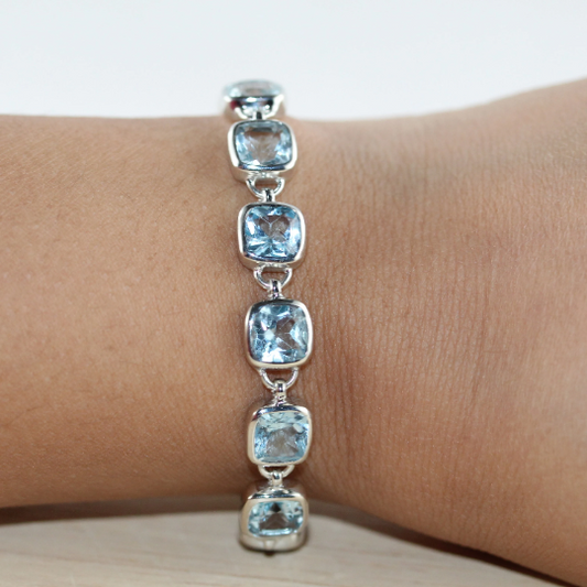 Elegant Sterling Silver Bracelet with Square Blue Topaz Gemstone