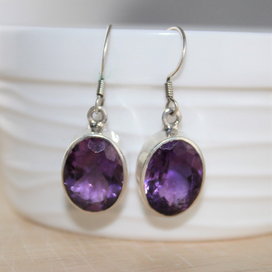 Natural Gemstone Amethyst Earrings in Sterling Silver