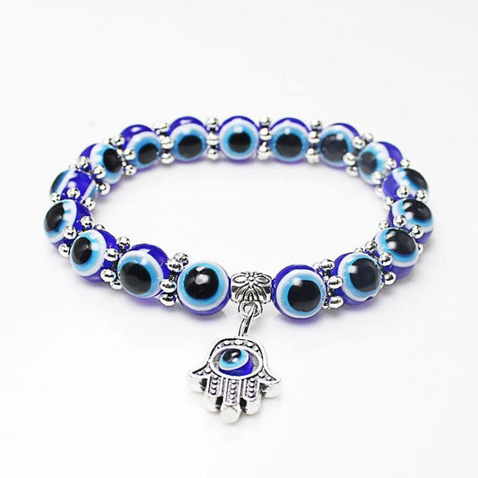 Blue Evil Eye Beaded Bracelet with Hamsa Charm